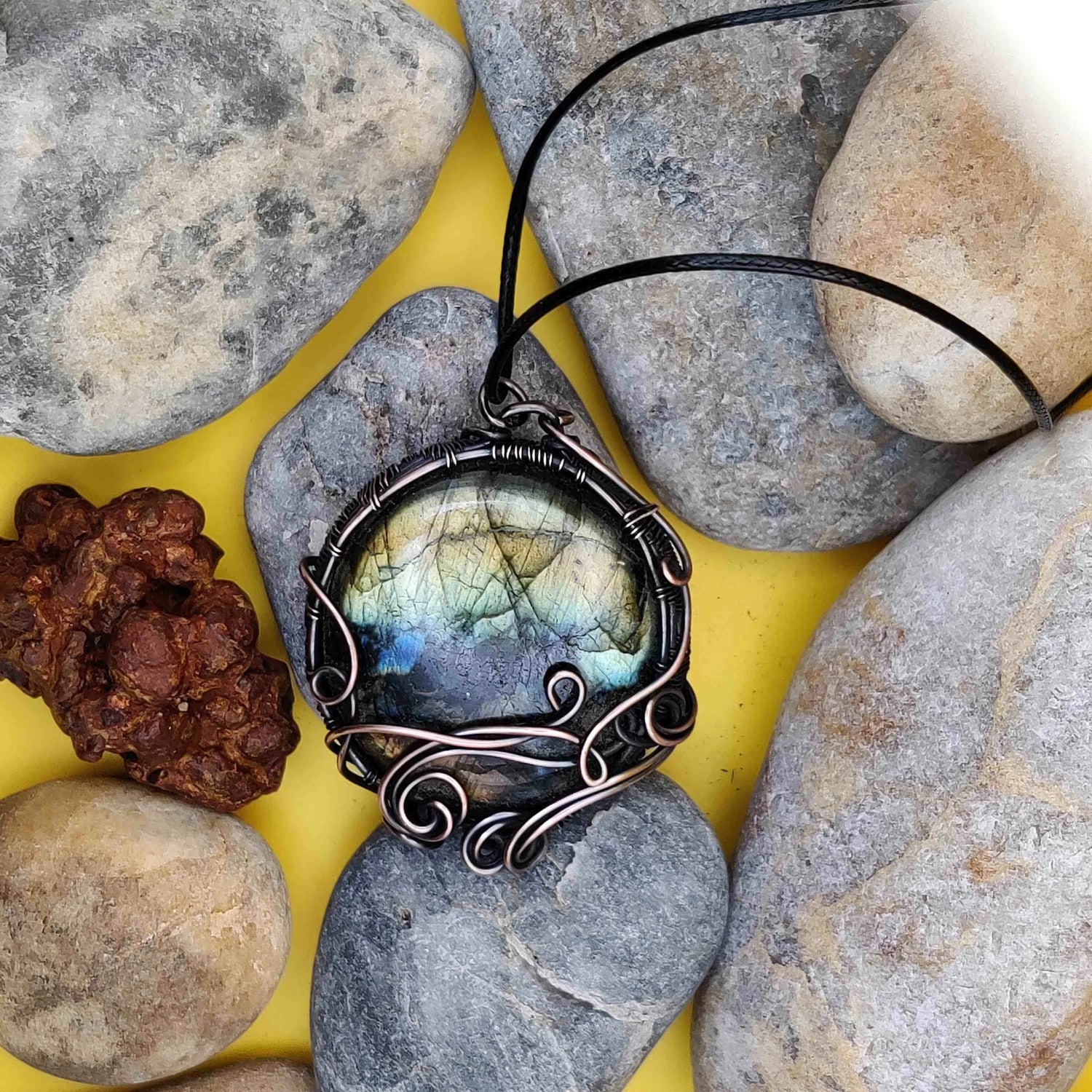 Manovriti Labradorite necklace in oxidized copper designed by sanguine aura, handcrafted jewellery