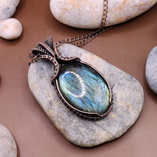 Aadhya - high quality Blue Labradorite pendant in copper made by sanguine aura handmade crystal jewellery, India 