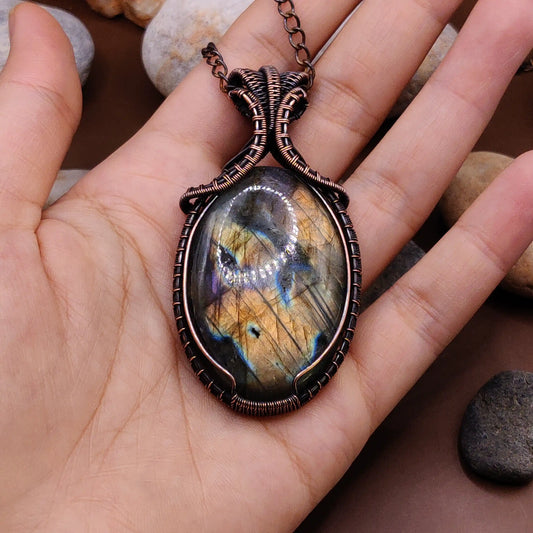 Aadhya 003 labradorite pure copper pendant designed and made by sanguine aura handmade jewellery, Bharat