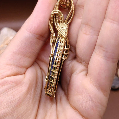 Aadhya lapis lazuli brass pendant 006 side view made by sanguine aura jewelry, India 