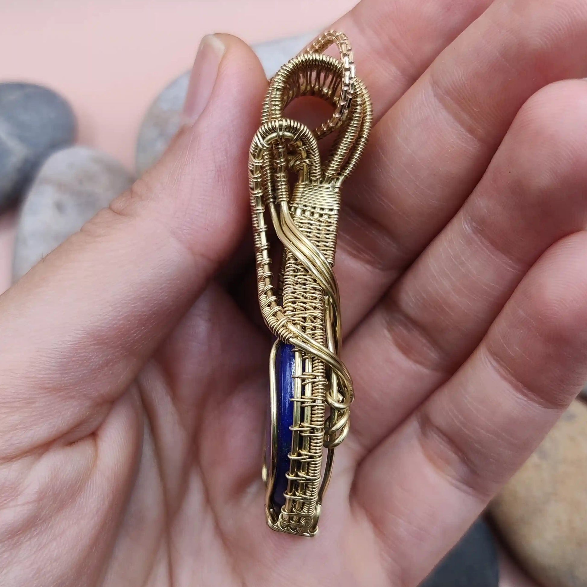 Aadhya lapis lazuli pendant in brass 001 side view made by sanguine aura handcrafted jewellery, India 