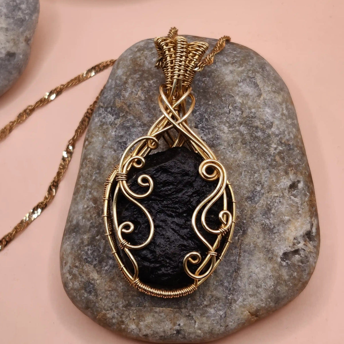 Aadhya raw tektite locket 003 in brass made with natural tektite for meditation.