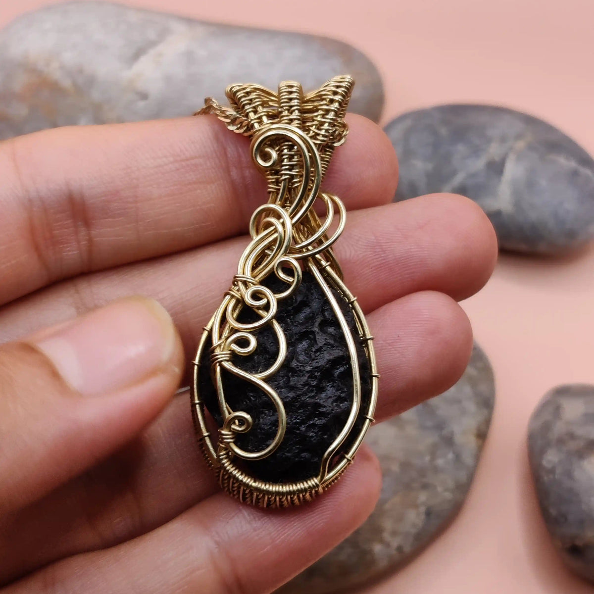 Aadhya raw tektite locket 005 in brass made in India by Sanguine Aura