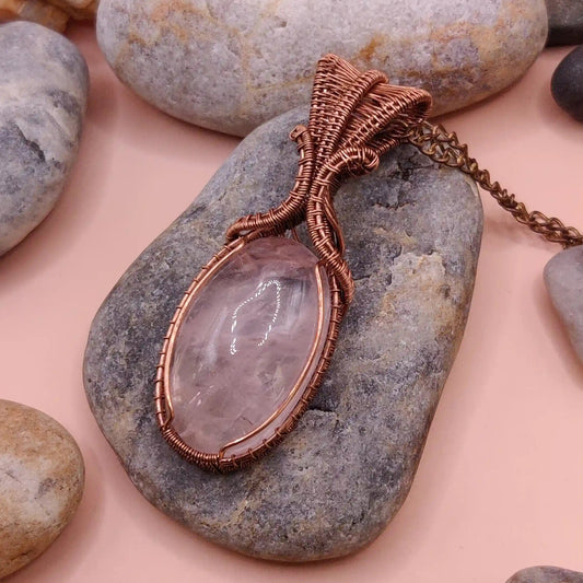 Aadhya rose quartz pendant 001 made with copper and genuine stone by sanguine aura handcrafted jewellery