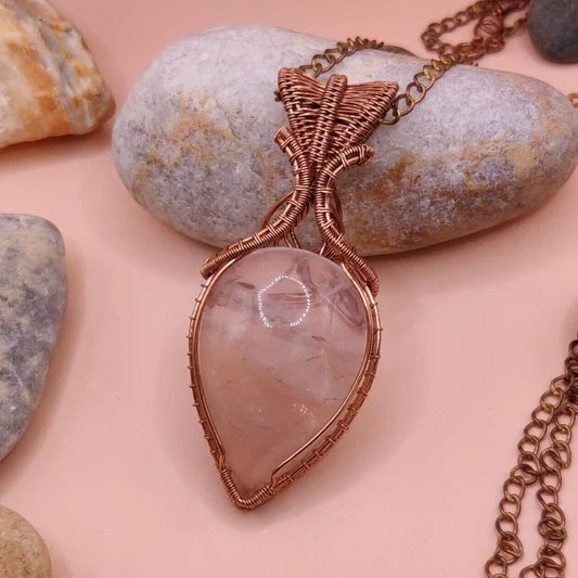 Aadhya rose quartz pendant 003 made in copper with natural crystal in Bharat by Sanguine Aura