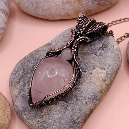 Aadhya rose quartz pendant 004 made in oxidized copper by sanguine aura, Bharat