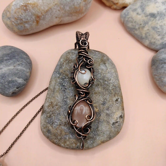 Aaloka - White Moonstone and Peach Moonstone Necklace By Sanguine Aura Handcrafted Jewellery. Healing Benefits Of  White Moonstone and Peach Moonstone - Clarity, peace, creativity, joy.