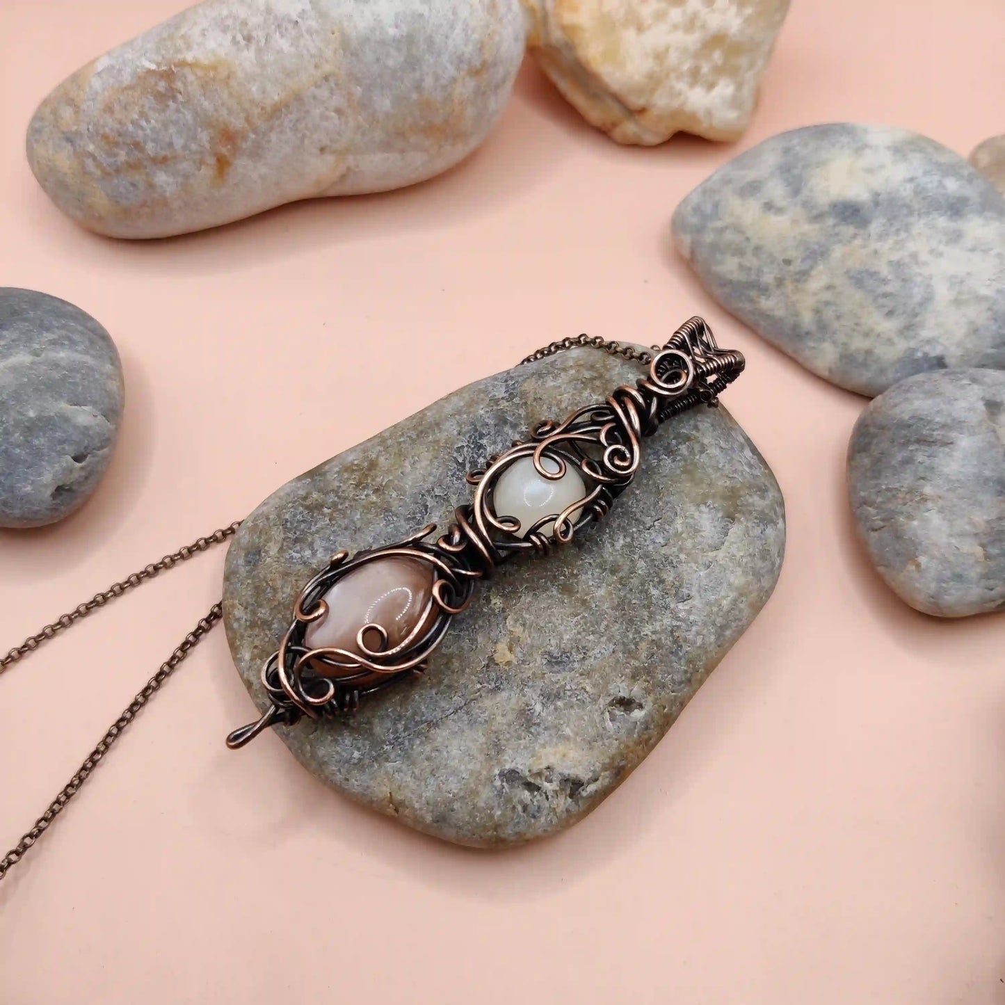 Aaloka - White Moonstone and Peach Moonstone Necklace SA1 By Sanguine Aura Handcrafted Jewellery