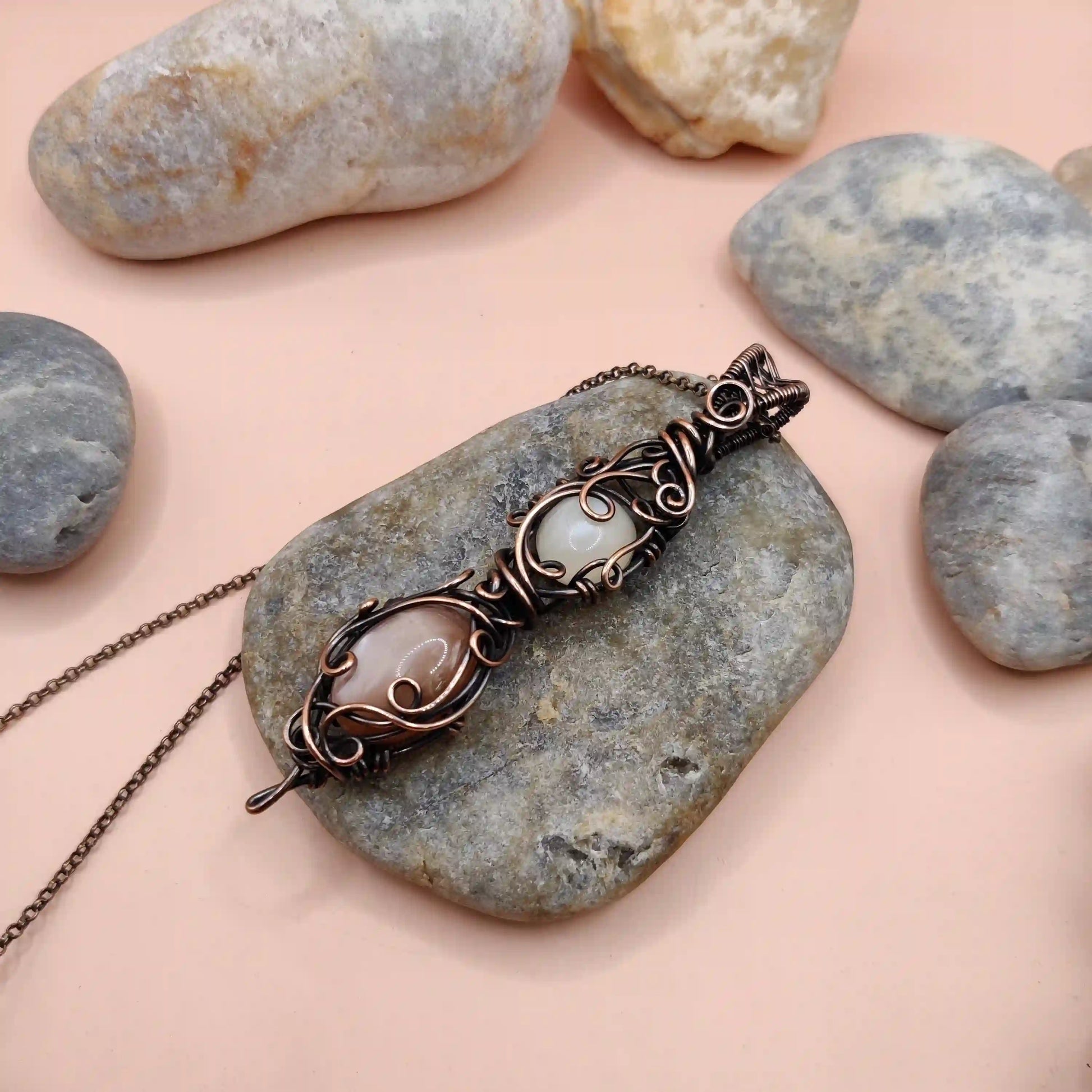 Aaloka - White Moonstone and Peach Moonstone Necklace SA1 By Sanguine Aura Handcrafted Jewellery