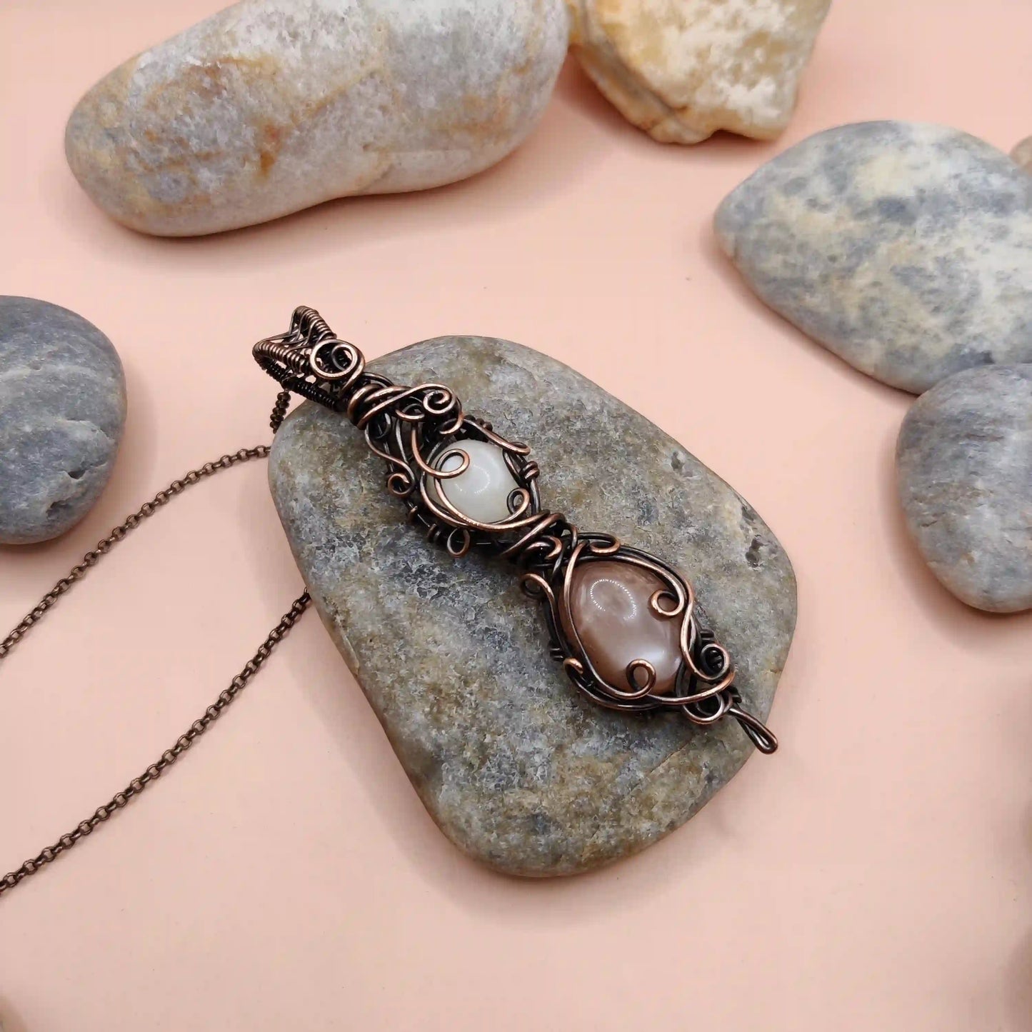 Aaloka - White Moonstone and Peach Moonstone Necklace SA2 By Sanguine Aura Handcrafted Jewellery