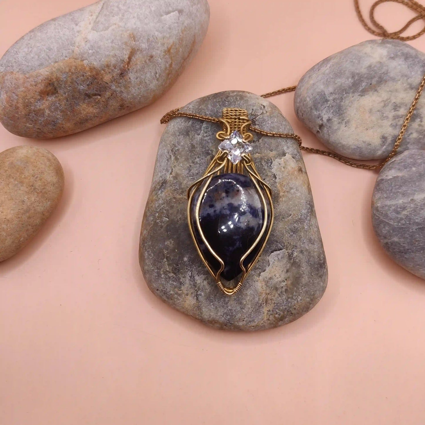 Advithi - Sodalite and Cubic Zirconia Necklace In Brass SA2 By Sanguine Aura Handcrafted Jewellery