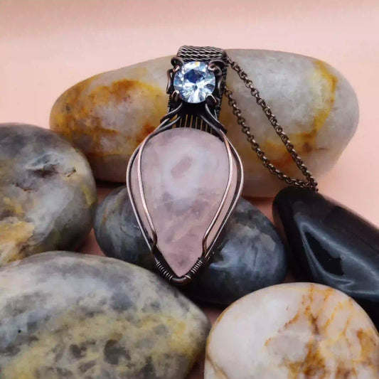 Advithi Rose Quartz And Cubic Zirconia Necklace-001 SA1 By Sanguine Aura Handcrafted Jewellery