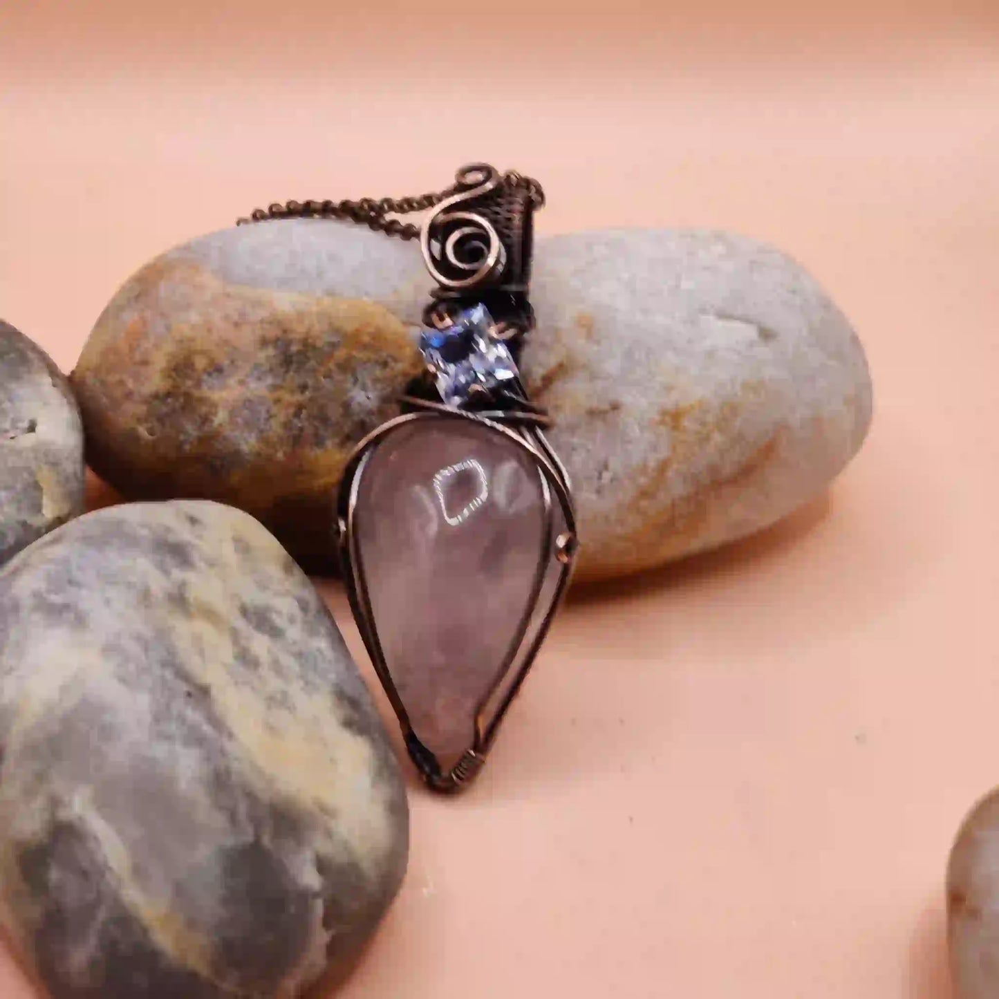 Advithi Rose Quartz and Cubic Zirconia Necklace-002 SA1 By Sanguine Aura Handcrafted Jewellery