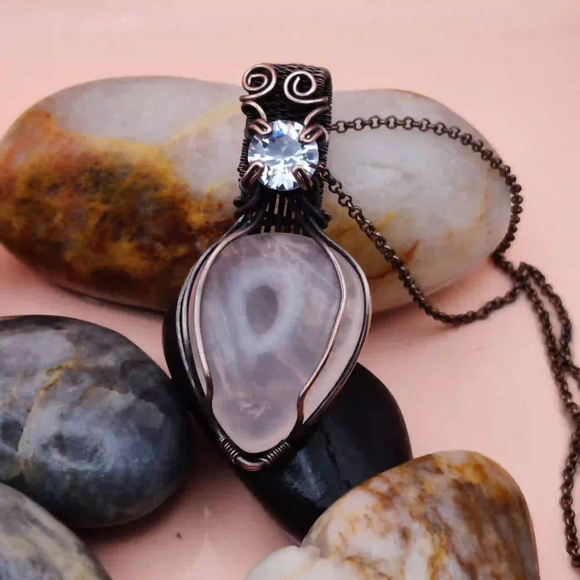 Advithi Rose Quartz and Cubic Zirconia Necklace-003 SA1 By Sanguine Aura Handcrafted Jewellery