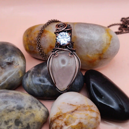 Advithi Rose Quartz and Cubic Zirconia Necklace-004 SA1 By Sanguine Aura Handcrafted Jewellery