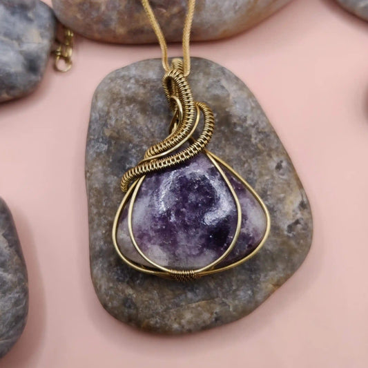 Anushka lepidolite necklace in brass 01 available with sanguine aura handcrafted jewellery, Pune, India