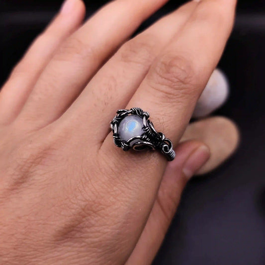 Anya - Rainbow Moonstone Ring By Sanguine Aura Handcrafted Jewellery. Healing Benefits Of Rainbow Moonstone - Calm, Creativity, Intuition.