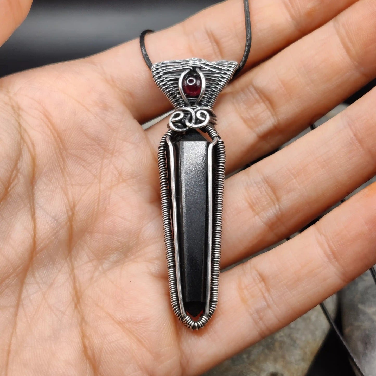 Black tourmaline silver pendant with red garnet perfect for men and women for evil eye protection and removal of negative energy
