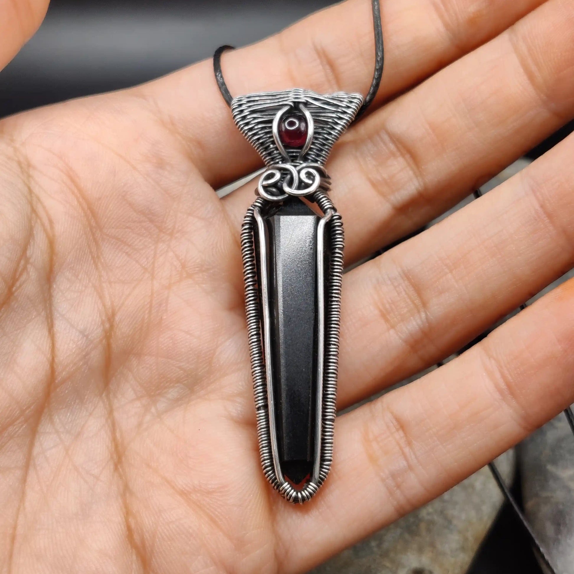Black tourmaline silver pendant with red garnet perfect for men and women for evil eye protection and removal of negative energy
