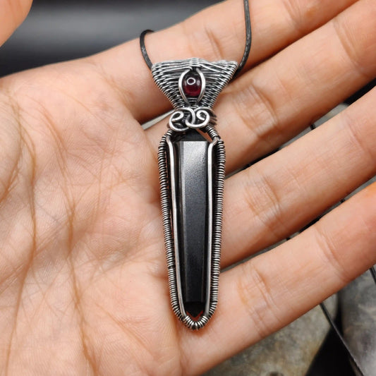 Black tourmaline silver pendant with red garnet perfect for men and women for evil eye protection and removal of negative energy
