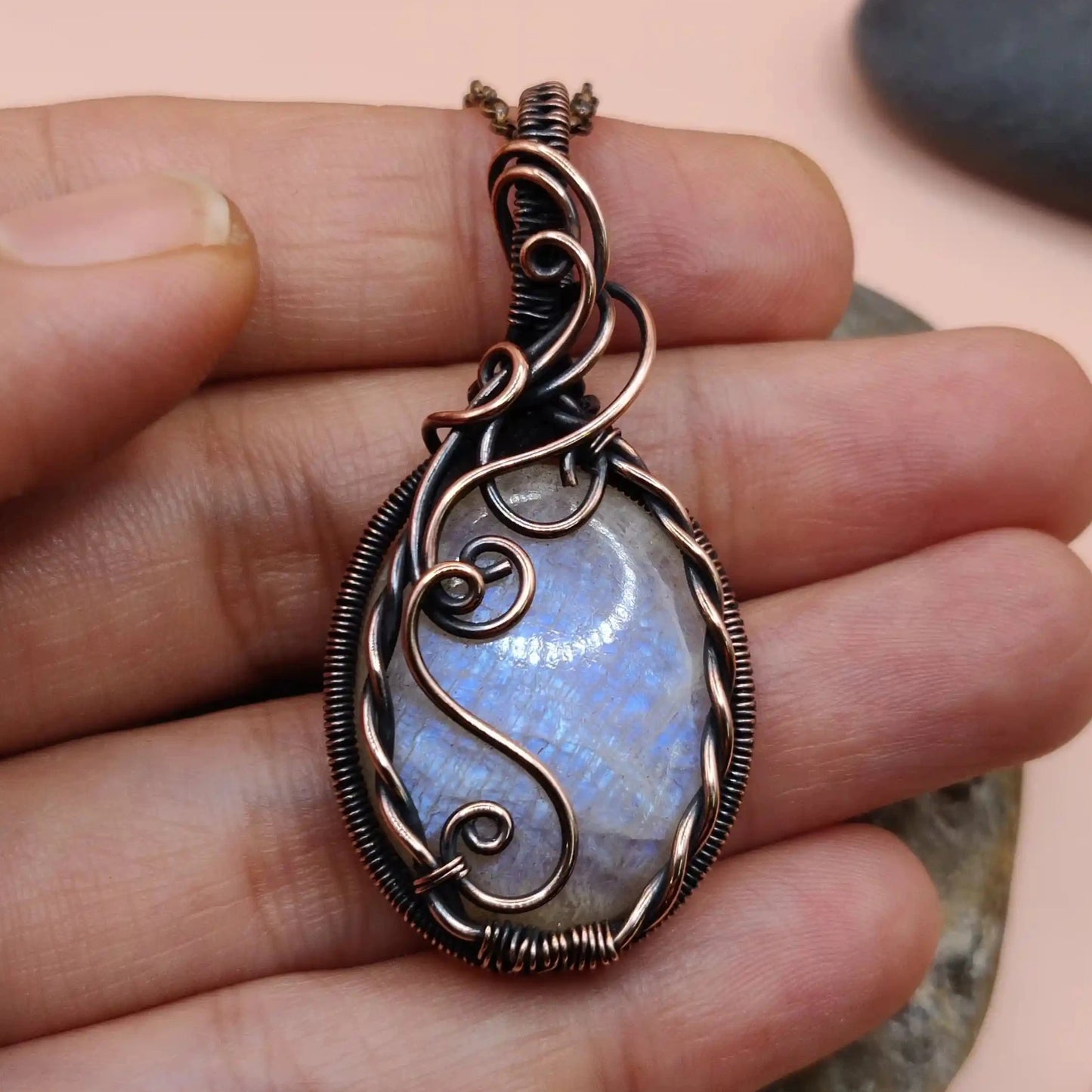 Bodhi 001 belomorite moonstone necklace made with copper and designed by sanguine aura handcrafted crystal jewellery