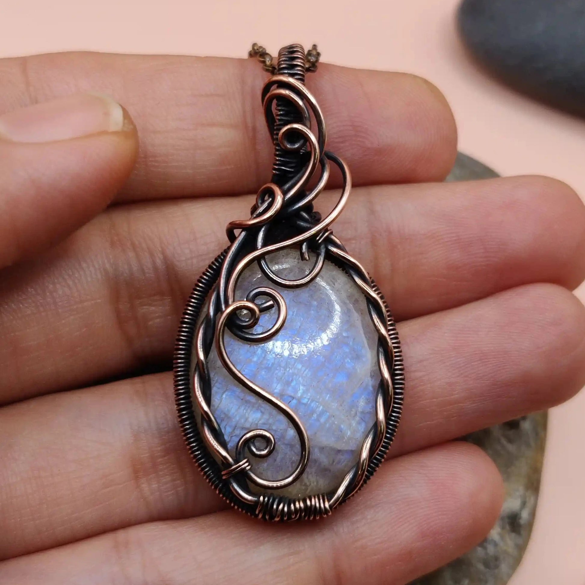 Bodhi 001 belomorite moonstone necklace made with copper and designed by sanguine aura handcrafted crystal jewellery