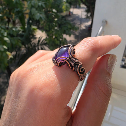 Charlotte 002 amethyst copper ring made by sanguine aura handcrafted jewellery for peace, calm and to deal with anxiety. made in Bharat