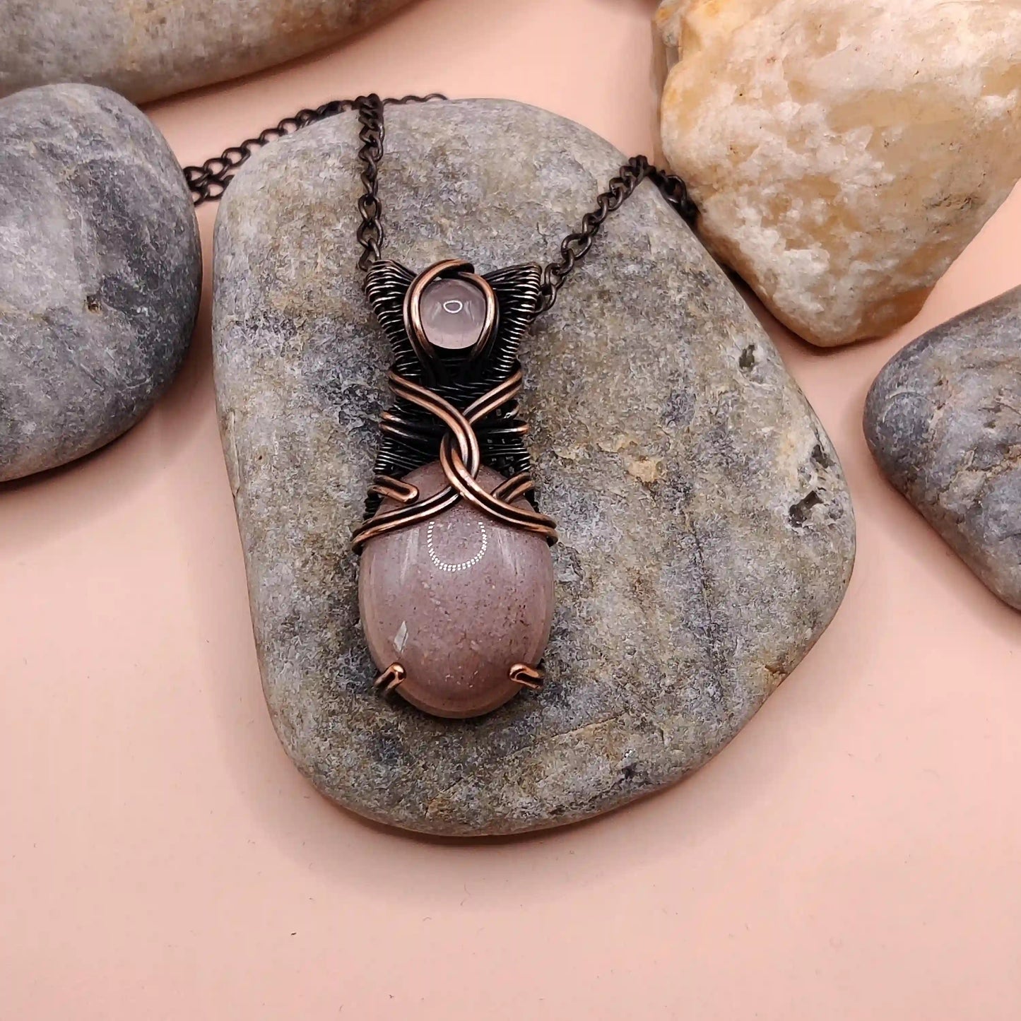 Daiva- Peach Moonstone And Rose Quartz Necklace 001 SA3 By Sanguine Aura Handcrafted Jewellery