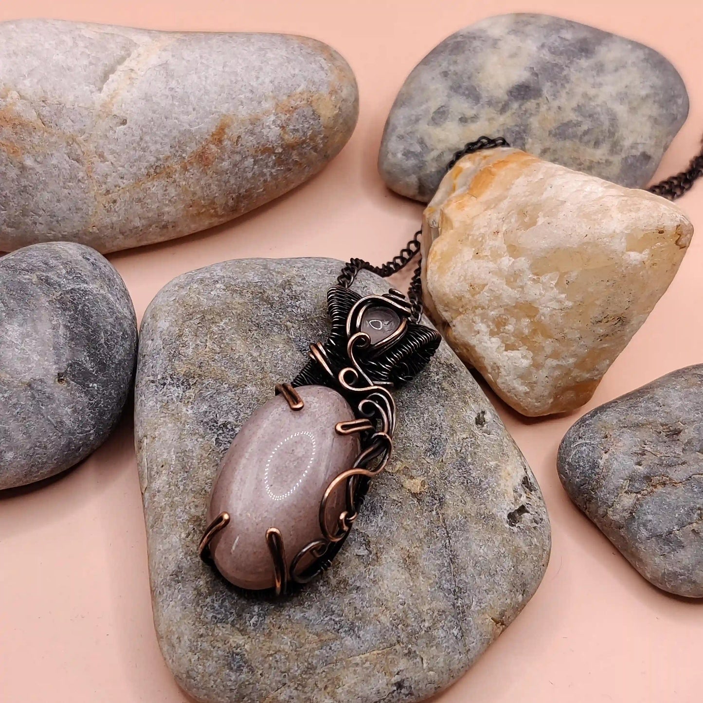 Daiva- Peach Moonstone And Rose Quartz Necklace 002 SA1 By Sanguine Aura Handcrafted Jewellery