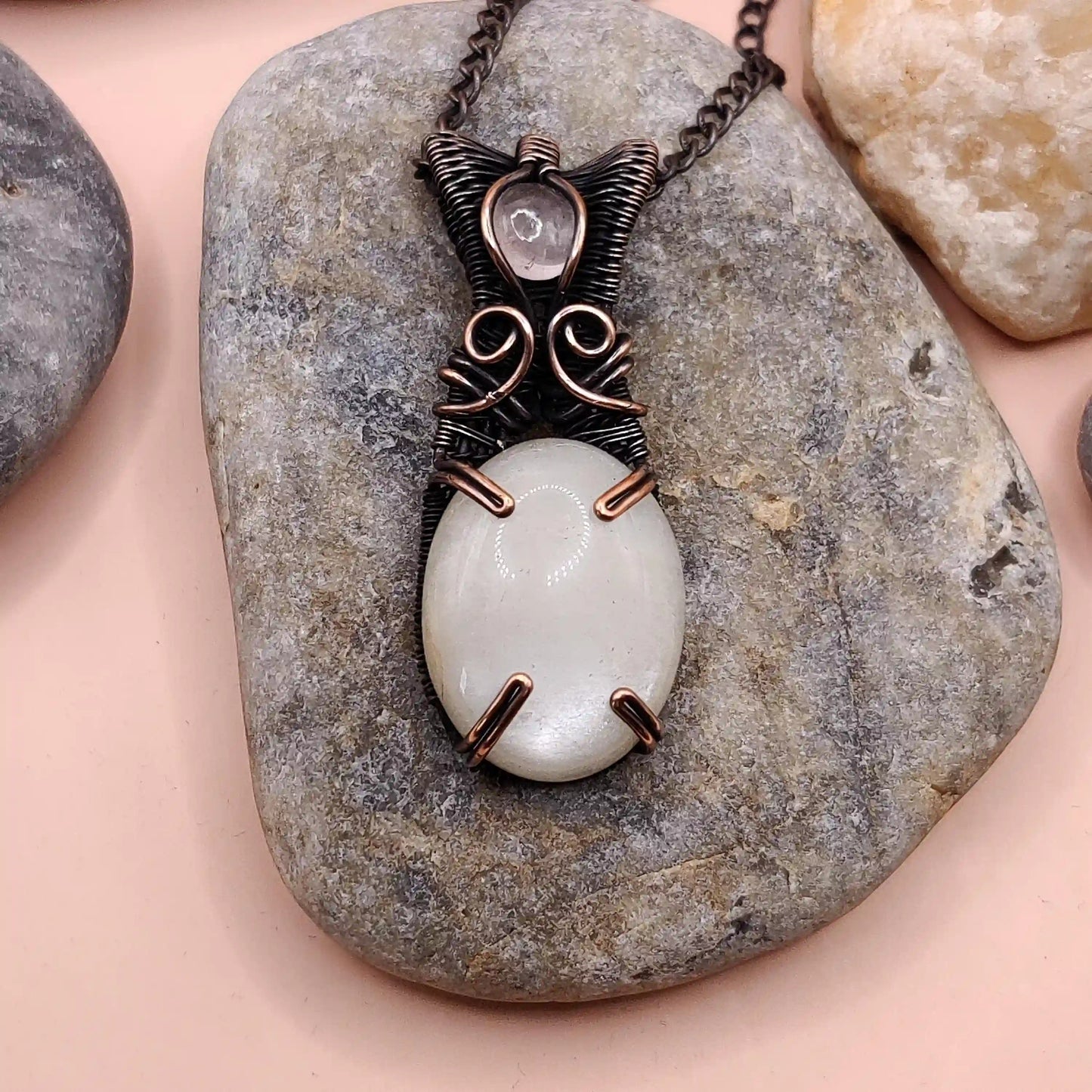 Daiva- White Moonstone And Rose Quartz Necklace By Sanguine Aura Handcrafted Jewellery