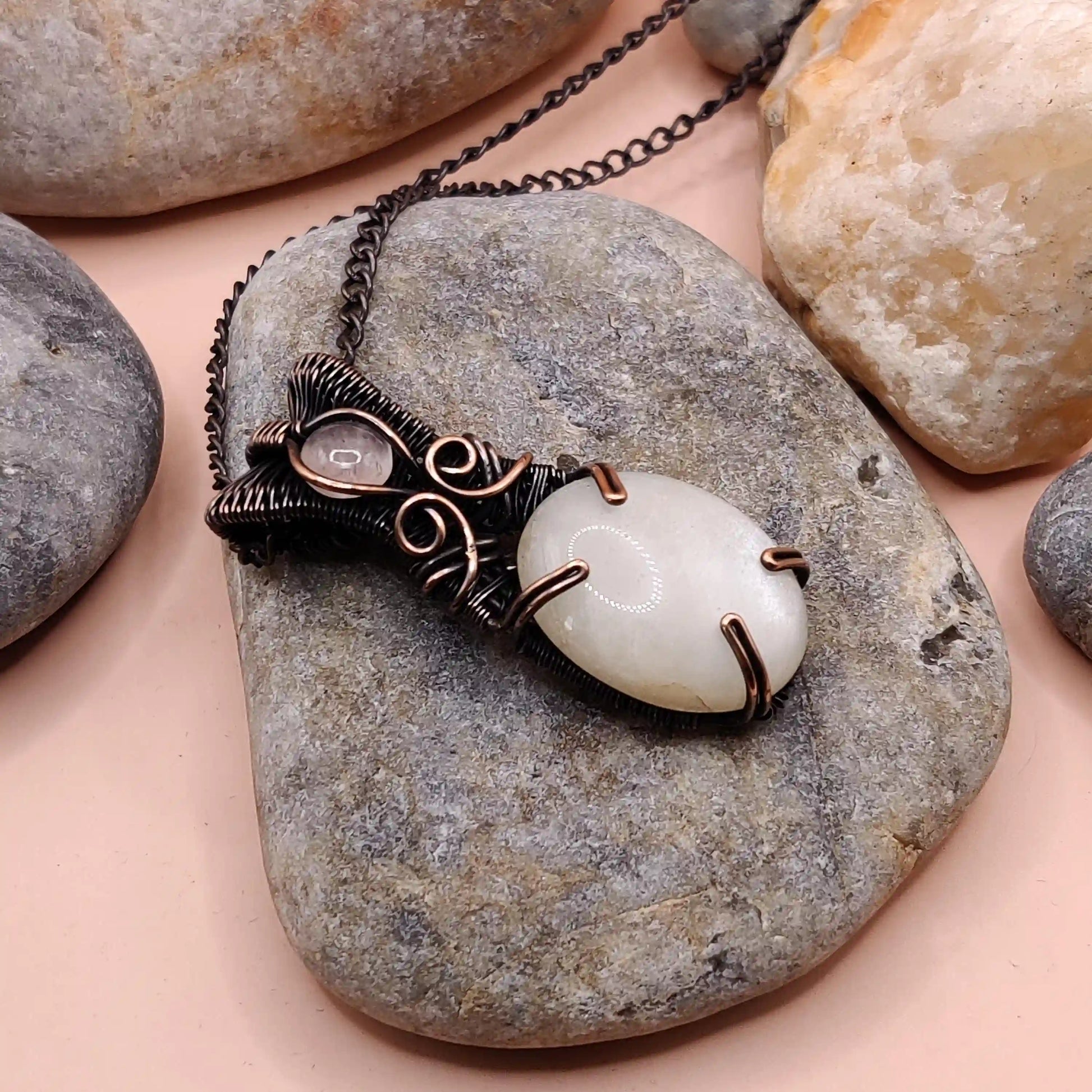 Daiva- White Moonstone And Rose Quartz Necklace SA1 By Sanguine Aura Handcrafted Jewellery