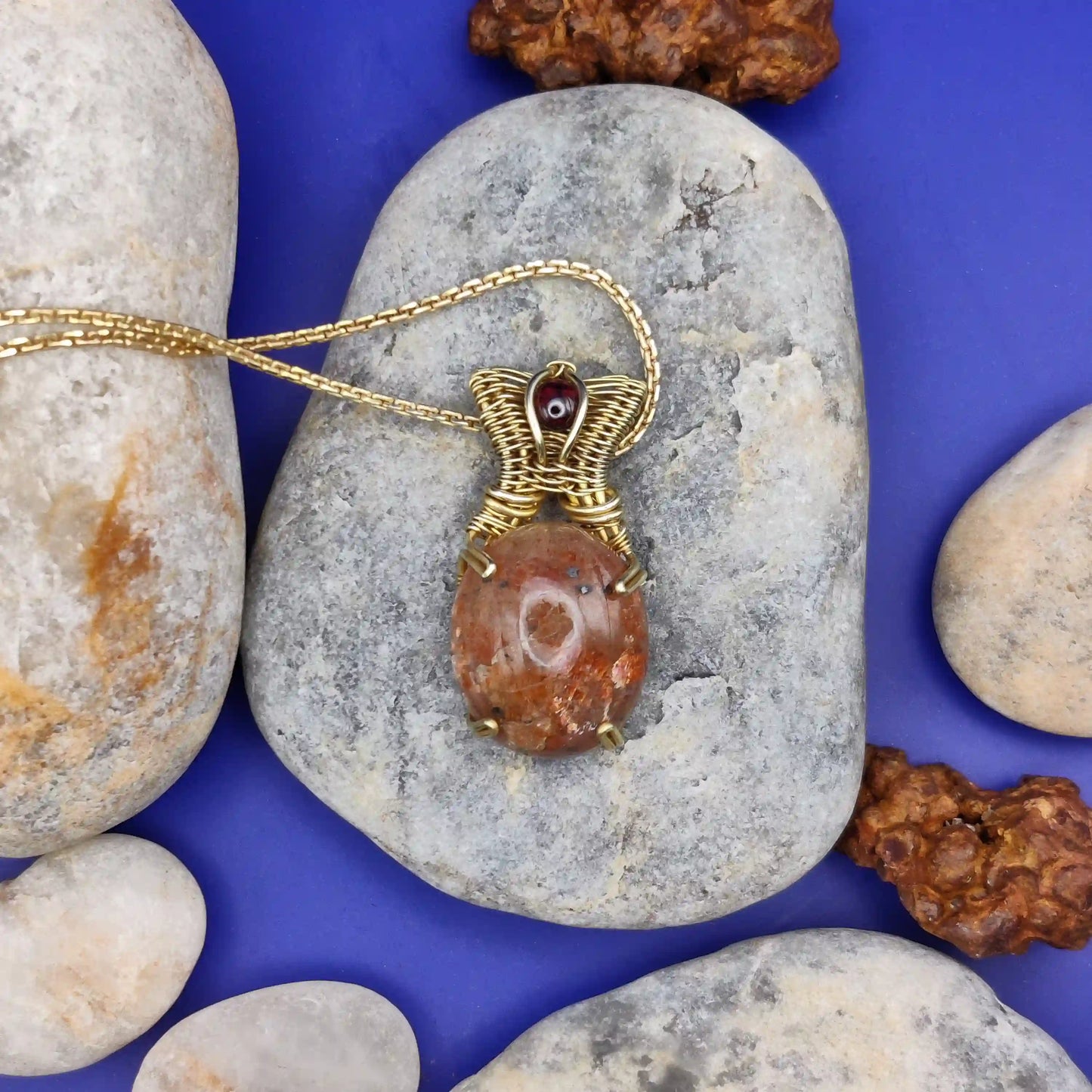 Daiva - Sunstone and Garnet Necklace By Sanguine Aura Handcrafted Jewellery. Healing Benefits Of Sunstone & Garnet - Positivity, Confidence, Inner Light,Passion, Creativity, Empowerment