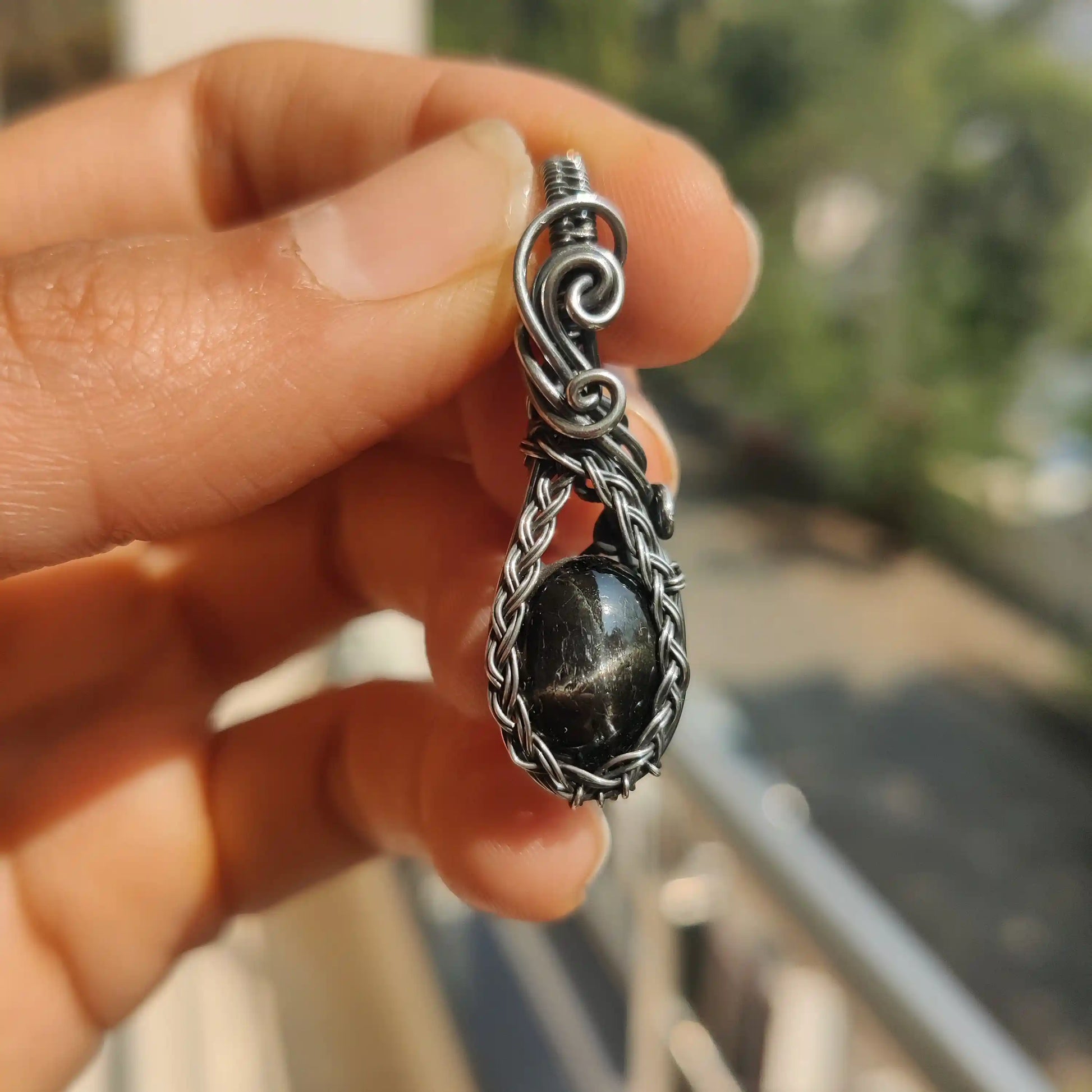 Hiya Black Star Diopside Sterling silver pendant created by sanguine aura handcrafted crystal jewellery, India in the sun with the brilliant asterism quality