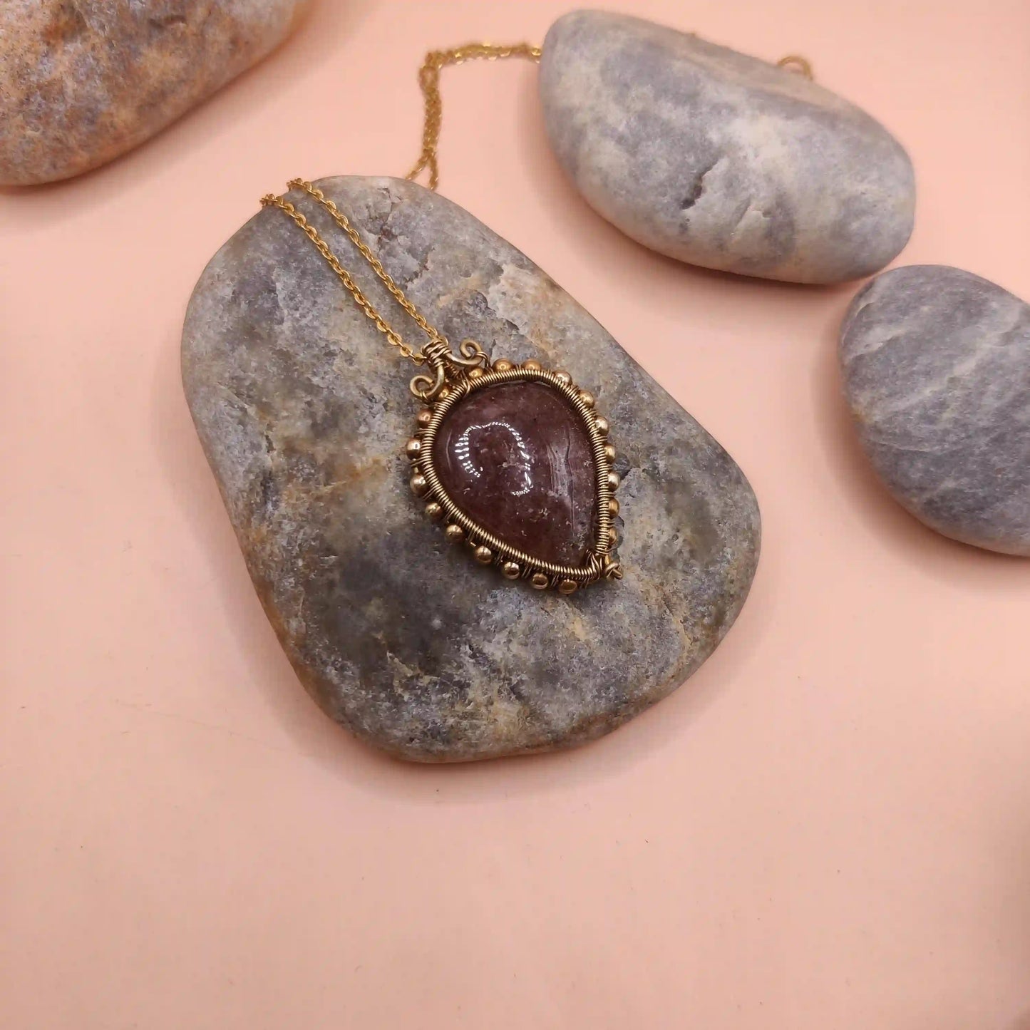 Hridya - Strawberry Quartz Necklace In Brass SA1 By Sanguine Aura Handcrafted Jewellery