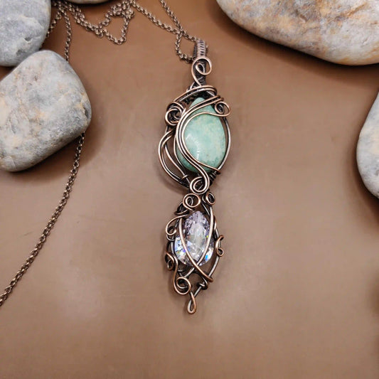 Aaloka - Amazonite and Cubic Zirconia Necklace By Sanguine Aura Handcrafted Jewellery.  Healing Benefits Of Amazonite and Cubic Zirconia -  peace, truth, communication, amplifies.