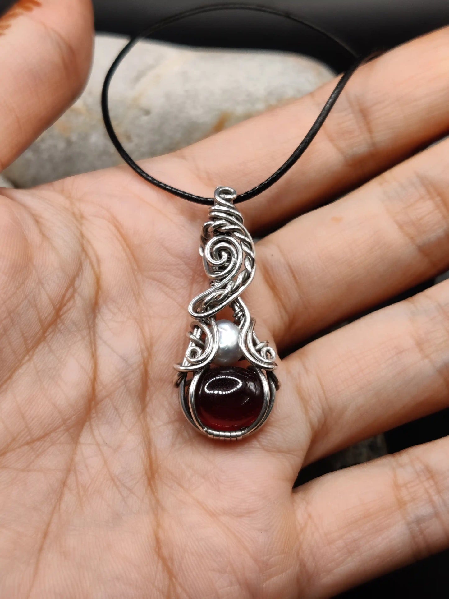 Trilochana - Hessonite Garnet and Pearl Silver Pendant