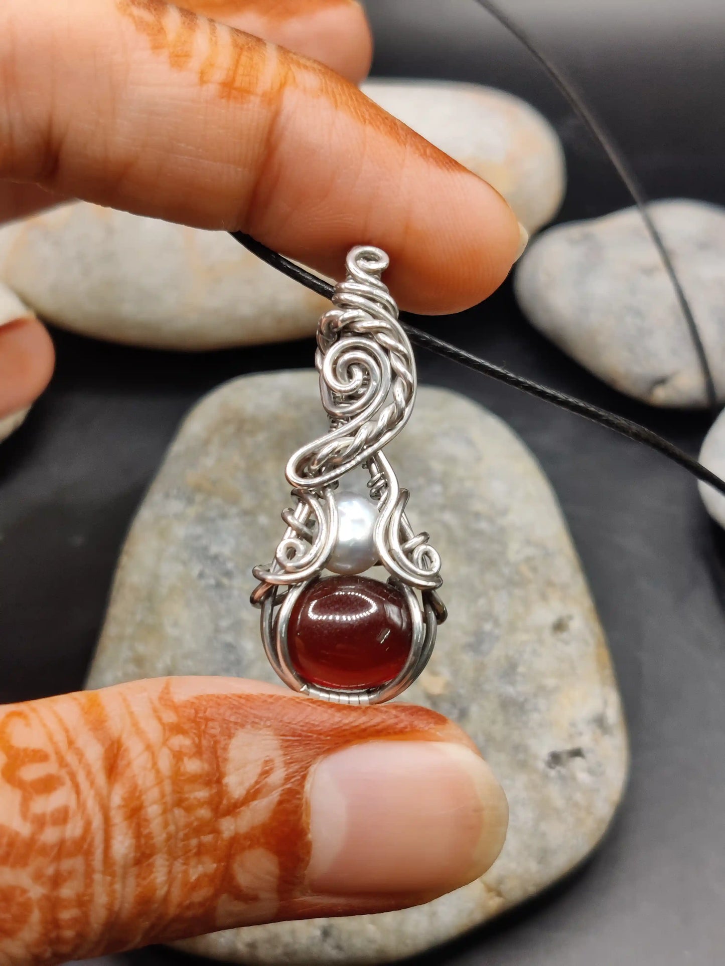 Trilochana - Hessonite Garnet and Pearl Silver Pendant