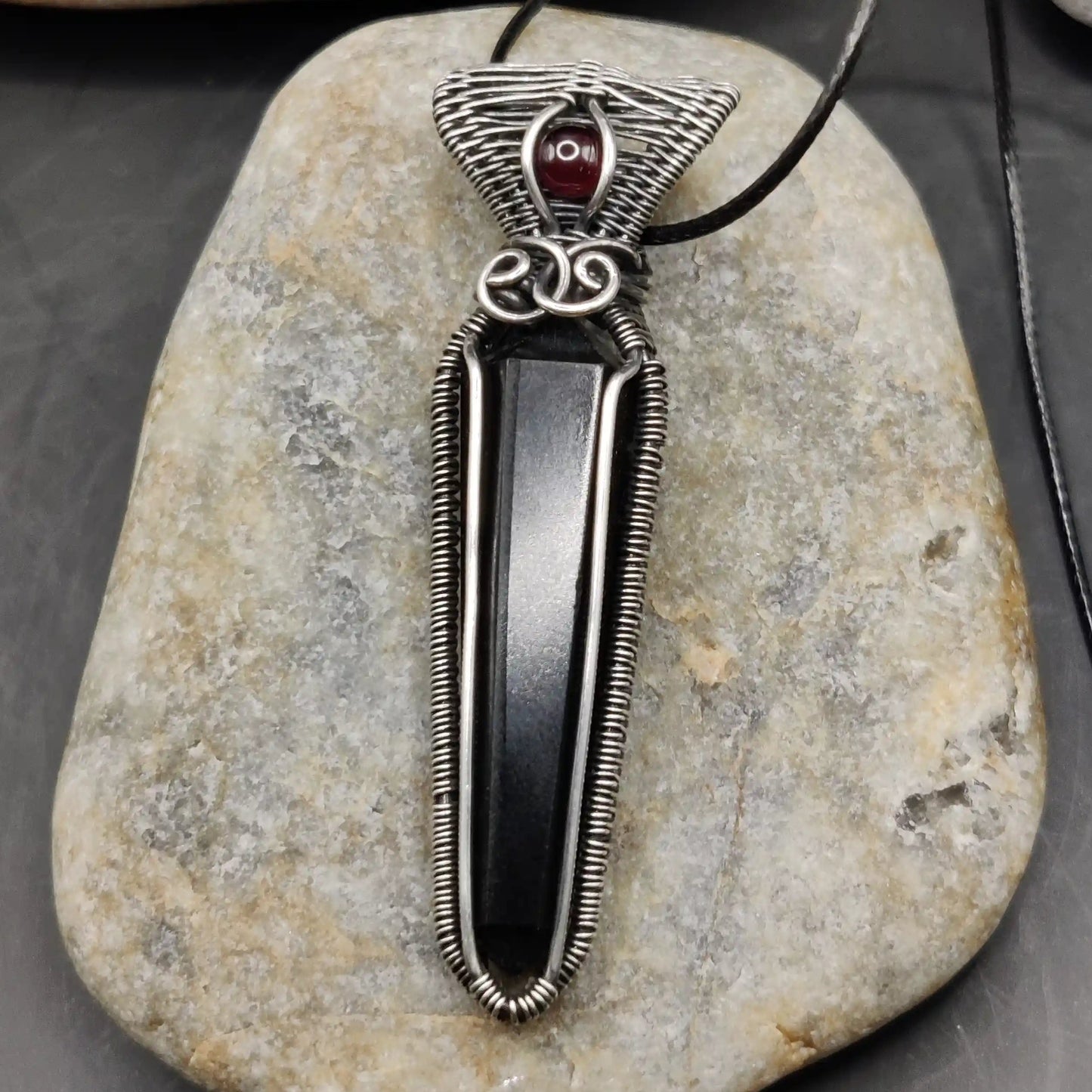 Kalagni - Black Tourmaline and Rhodolite Garnet Silver Pendant
