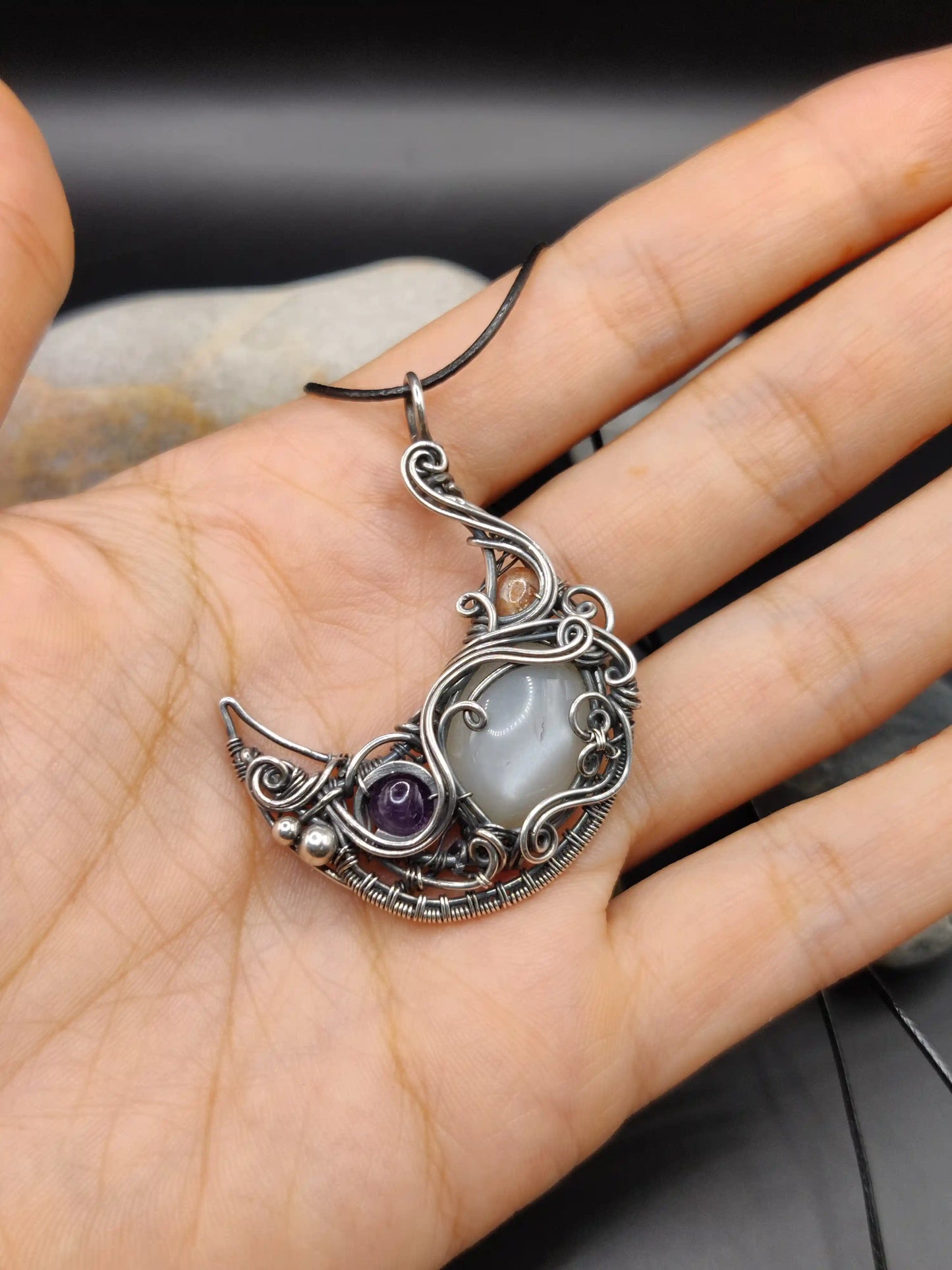 Lusine - White Moonstone, Sunstone and Amethyst Silver Pendant