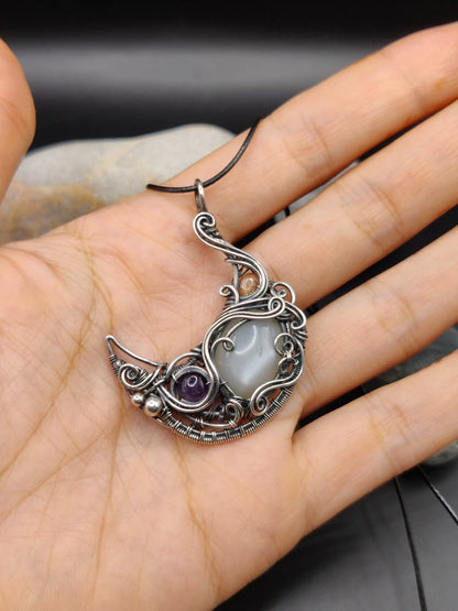 Lusine - White Moonstone, Sunstone and Amethyst Silver Pendant