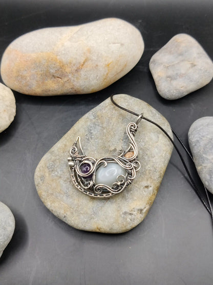 Lusine - White Moonstone, Sunstone and Amethyst Silver Pendant