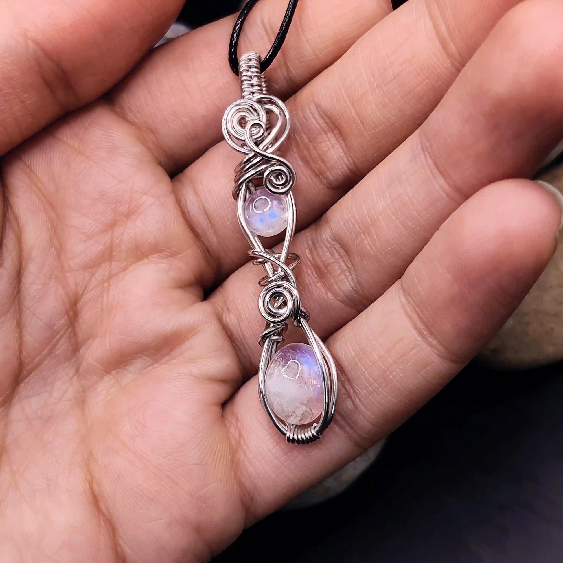 Jenil - Rainbow Moonstone Doublet Necklace  By Sanguine Aura Handcrafted Jewellery.  Healing Benefits Of Rainbow Moonstone - Calm, Creativity, Intuition.