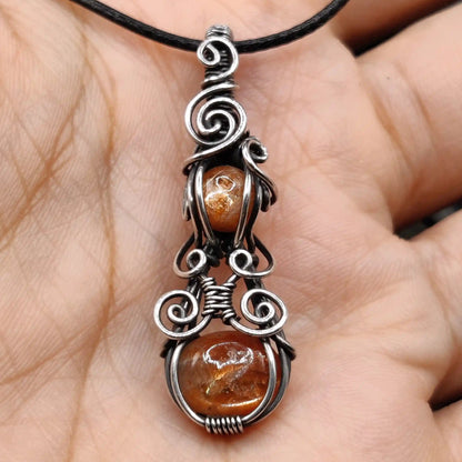 Jenil double sunstone silver pendant made with natural flashy stones and 925 silver