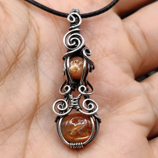 Jenil double sunstone silver pendant made with natural flashy stones and 925 silver