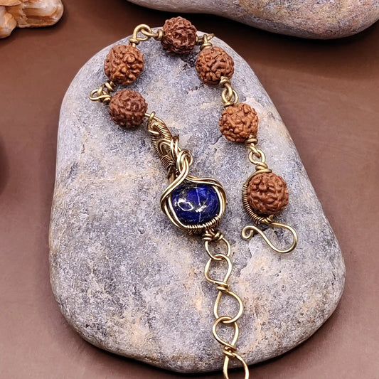 Kamal 001 lapis lazuli and panchamukhi rudraksha brass bracelet