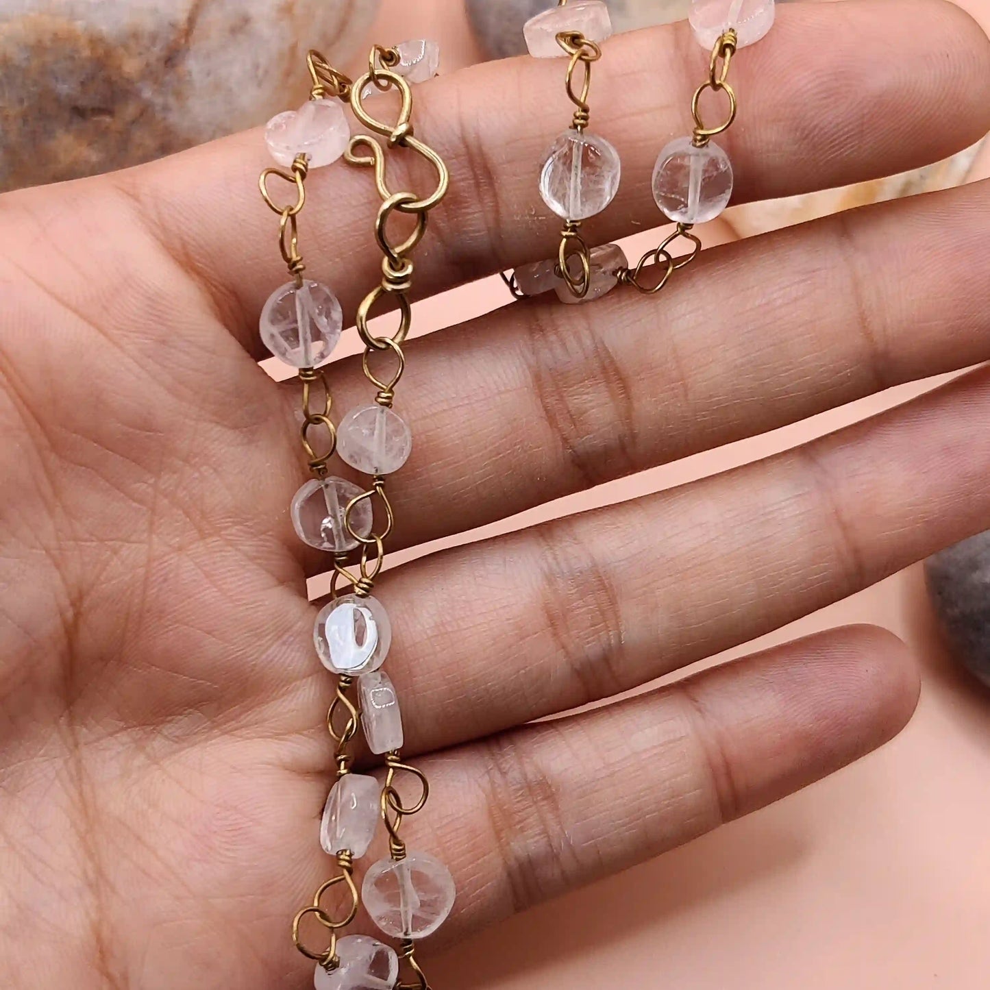 Kiran - Rose Quartz Chain In Brass By sanguine Aura Handcrafted Jewellery