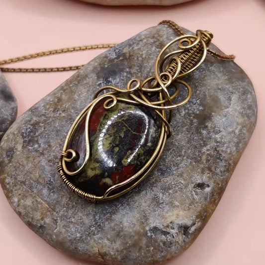 Natural bloodstone in brass pendant  in Laasya design by sanguine aura handcrafted jewellery, India