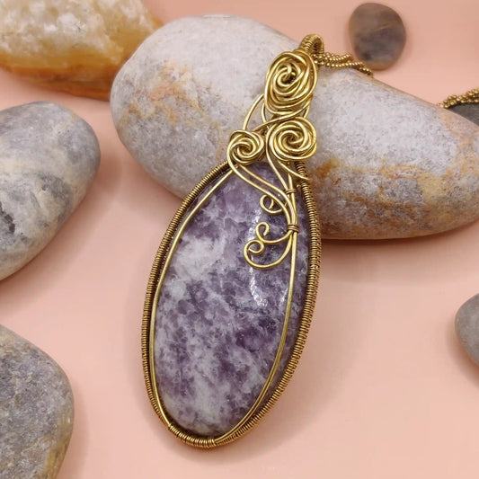 Laksha Lepidolite pendant 001 made in brass by sanguine aura handcrafted jewellery, India 