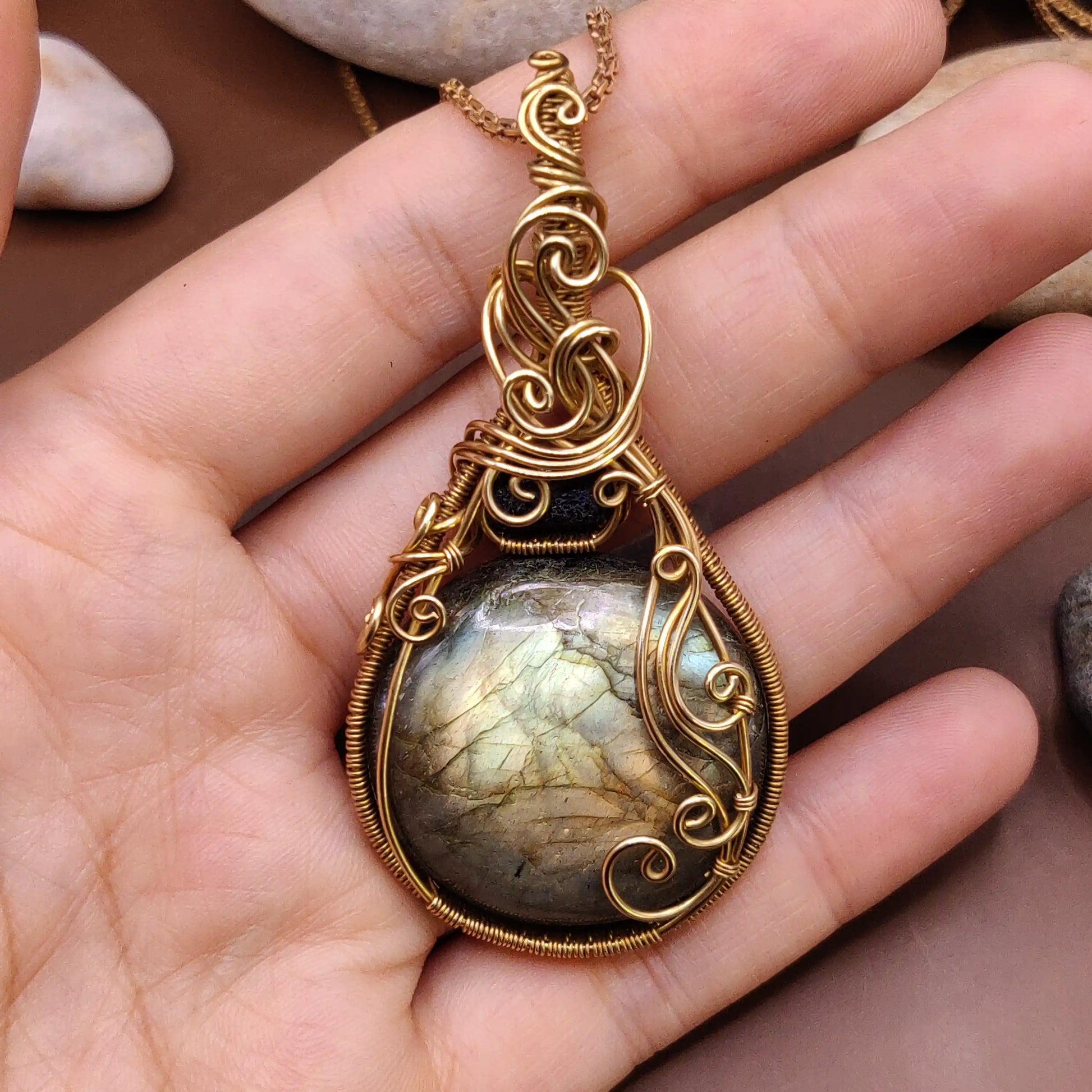 Mahesha 001 labradorite and black tourmaline pendant made by sanguine aura handmade crystal jewelry, India 
