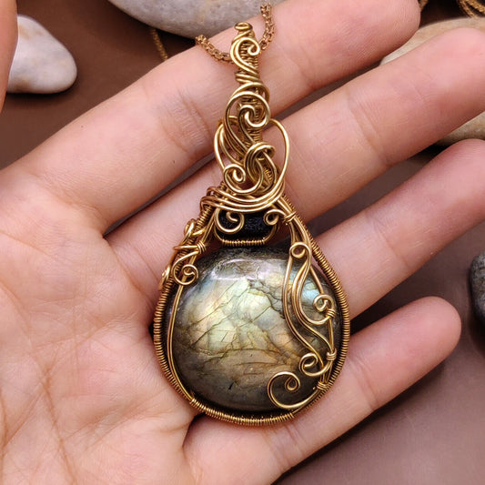 Mahesha 001 labradorite and black tourmaline pendant made by sanguine aura handmade crystal jewelry, India 